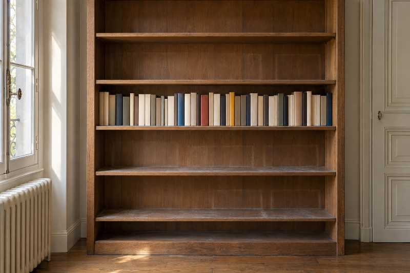 Bibliothèque à demi vidée dont une seule tablette reste garnie, les autres entièrement nues