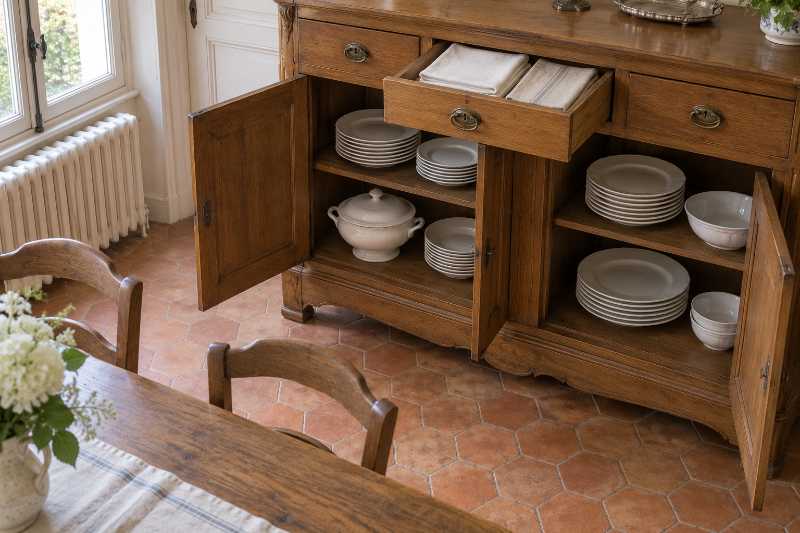 Buffet en chêne aux portes ouvertes sur des piles d'assiettes