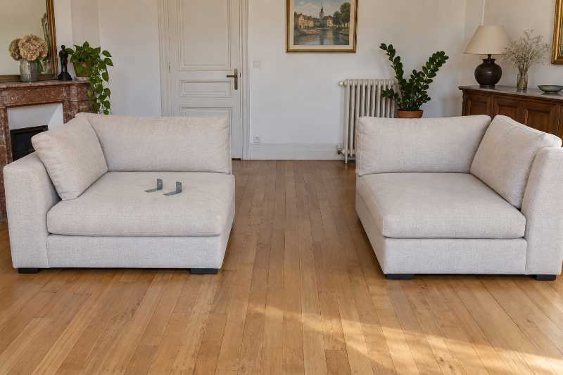 Canapé d'angle séparé en deux modules posés à distance