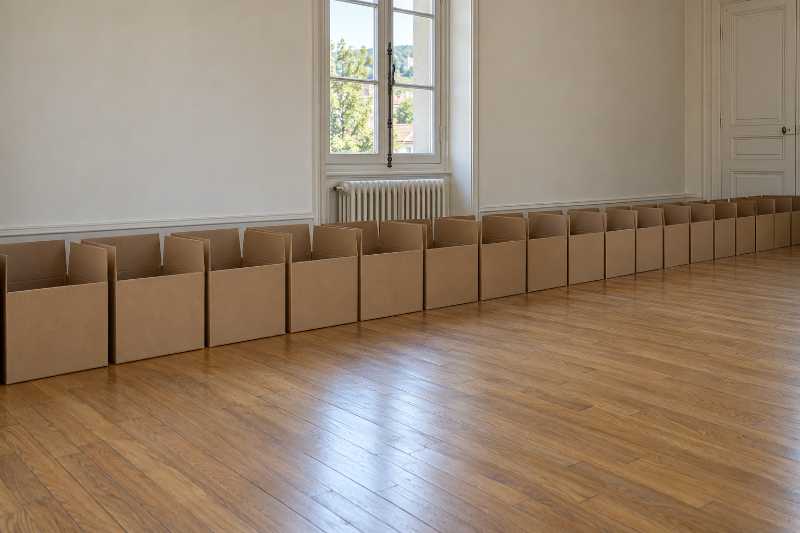 File de cartons montés et ouverts, alignés le long d'un mur