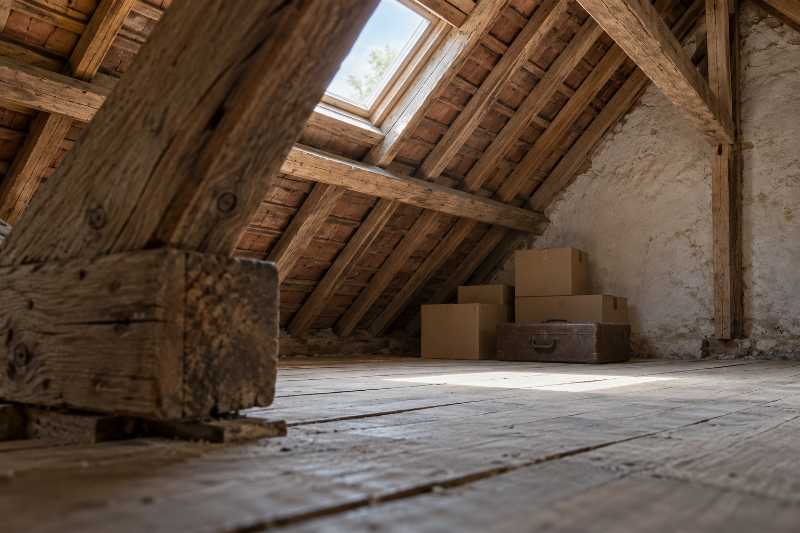 Comble non aménagé à charpente apparente, cartons oubliés dans l'angle