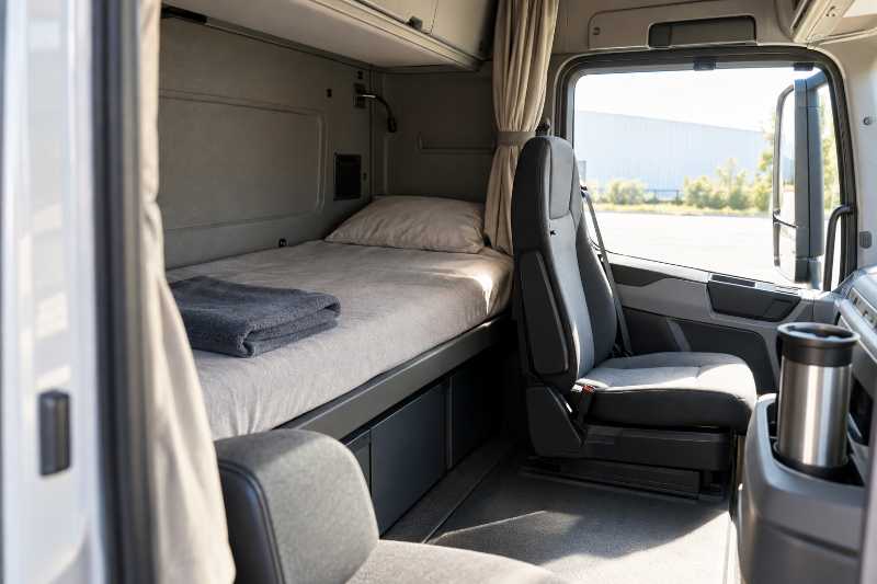 Couchette d'une cabine de camion vue depuis la portière ouverte