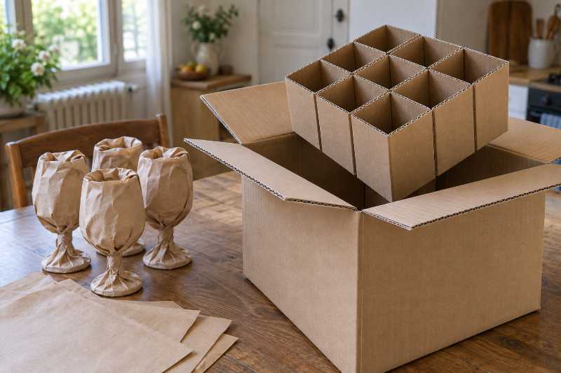 Grille de croisillons descendue dans un carton, verres à pied à côté