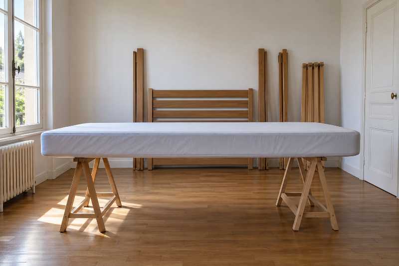 Matelas médical posé à plat sur deux tréteaux, sous housse dédiée
