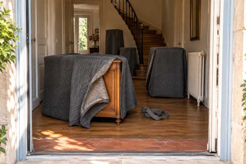 Mobilier sous housse déposé dans le hall, une housse à demi relevée