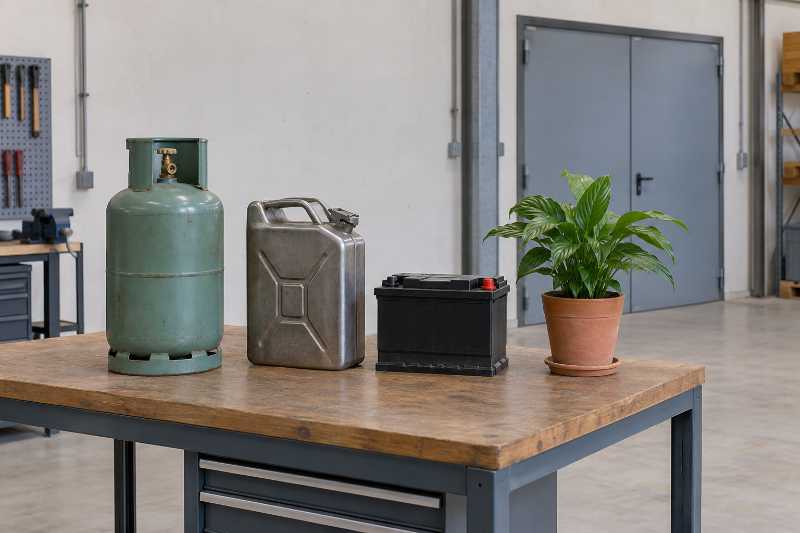 Bouteille de gaz, bidon et batterie posés à part sur un établi