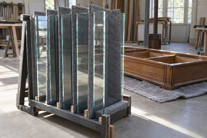 Panneaux de verre d'une vitrine démontée, rangés debout dans un rack matelassé, feutre intercalé