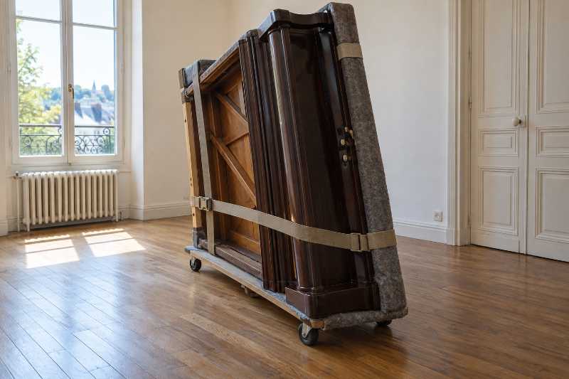 Piano droit basculé de chant et sanglé sur une planche à piano