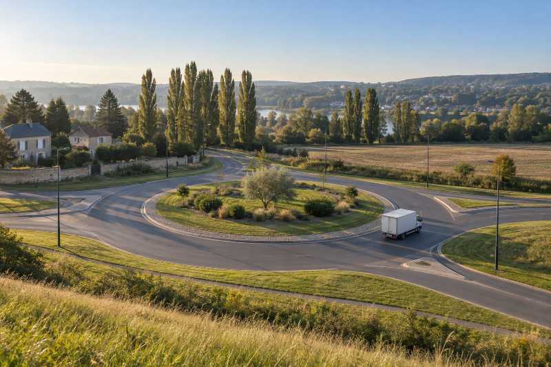 Giratoire désert vu depuis un talus, un seul camion engagé