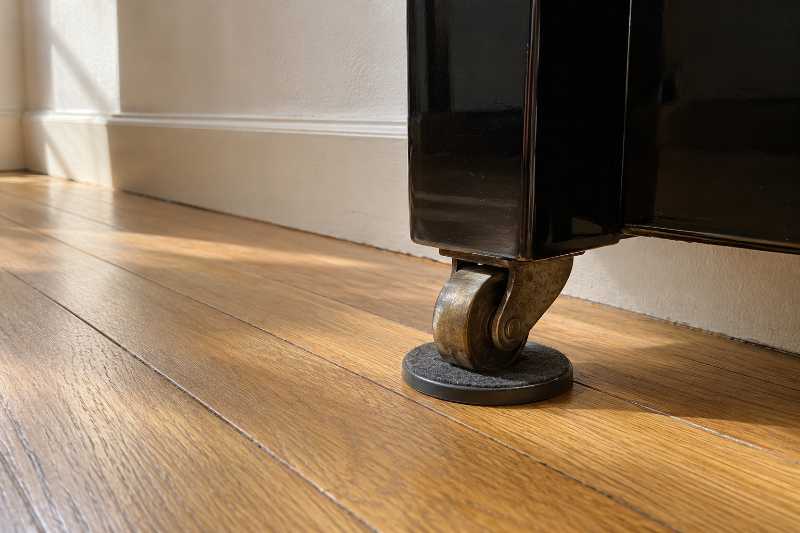 Roulette d'origine d'un piano droit posée sur un patin de répartition