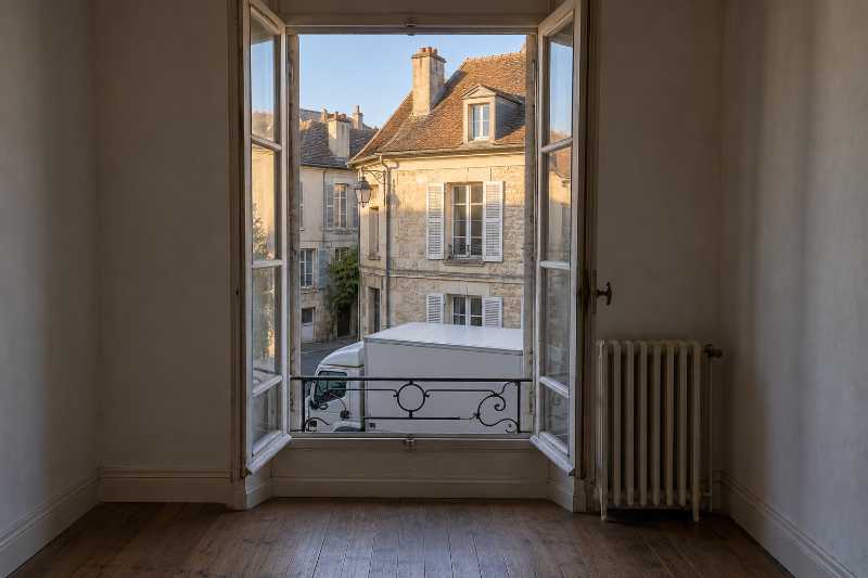 Rue étroite d'un vieux bourg vue depuis une croisée d'étage