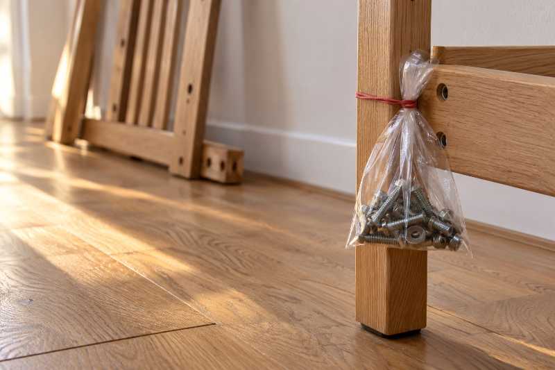 Sachet de visserie attaché au pied d'un cadre de lit démonté