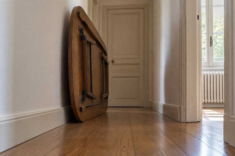 Table de salle à manger basculée sur le chant dans un couloir